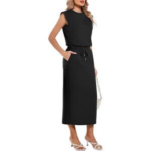 Casly Lamiit 2 Piece Set Cap Sleeve Top Drawstring‎ Midi Skirt Black SMALL NEW